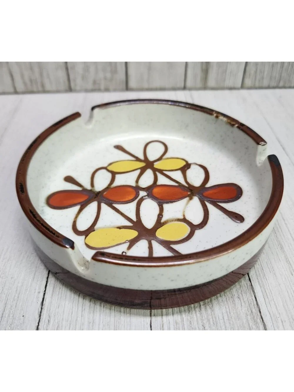 Vtg MCM Stoneware Ceramic Round Ashtray Art Pottery Floral Design 5